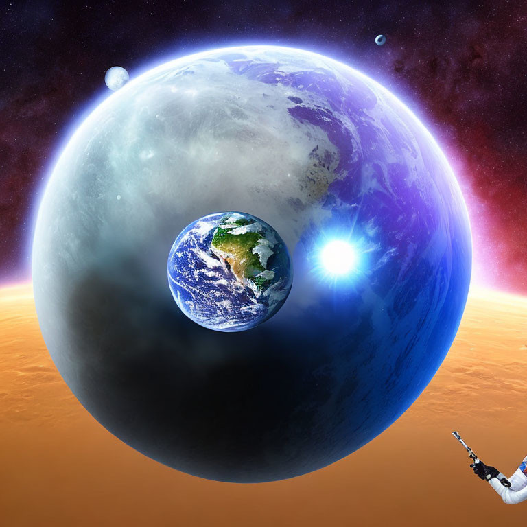 Astronaut reaching Earth in surreal cosmic scene