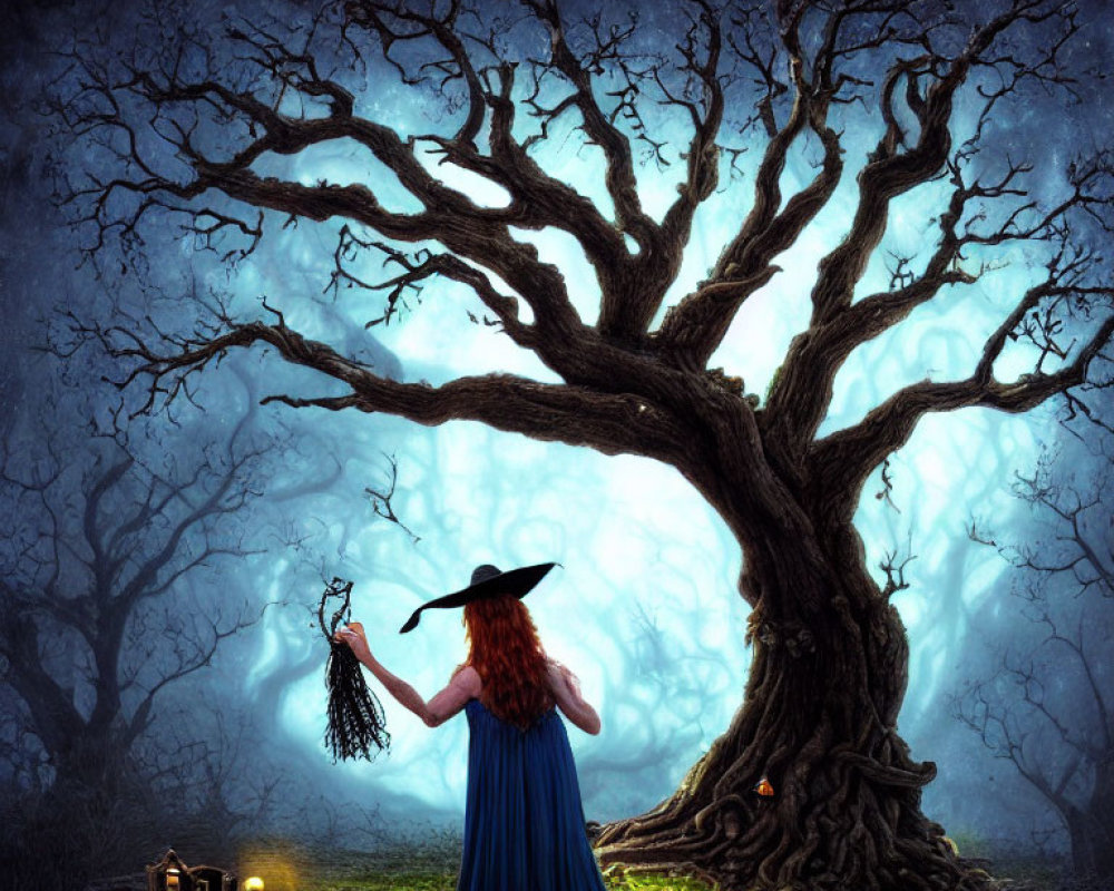 Woman in Blue Dress with Witch's Hat in Mystical Forest