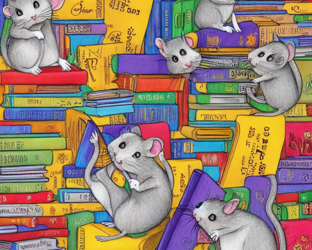 Five cute mice in colorful book stack scene.