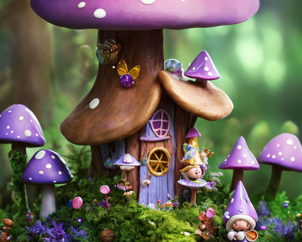Whimsical mushroom house with gnome-like figures in a magical garden