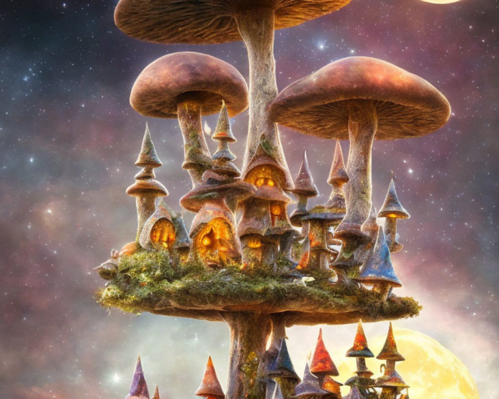 Whimsical artwork: Mushroom houses on floating island under starry sky