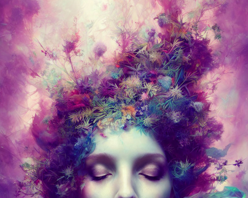 Person with closed eyes wearing flower crown in purple mist