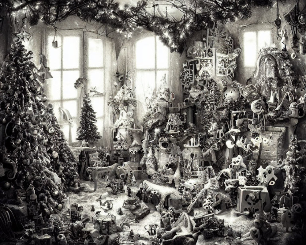 Monochrome whimsical Christmas scene with decorations and festive trees