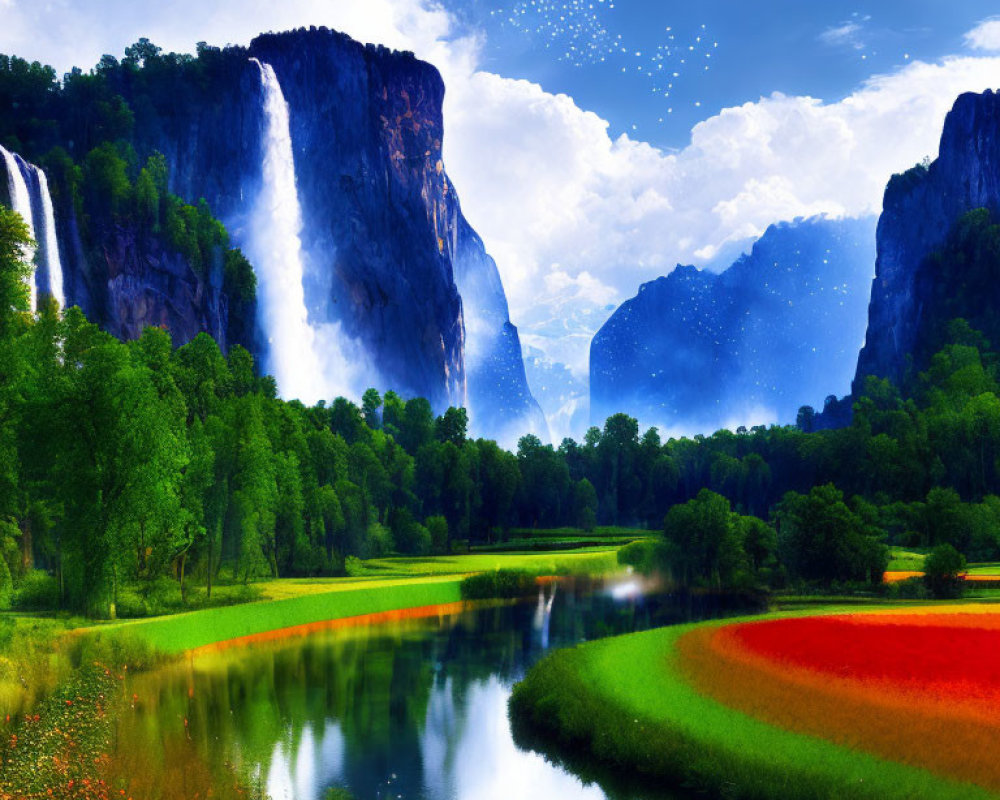 Landscape with Dual Waterfalls, River, Wildflowers, and Starry Sky