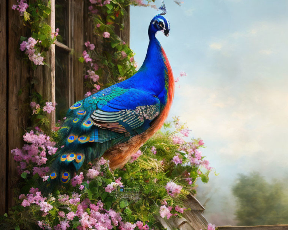 Colorful peacock on window ledge with pink flowers in misty forest scene