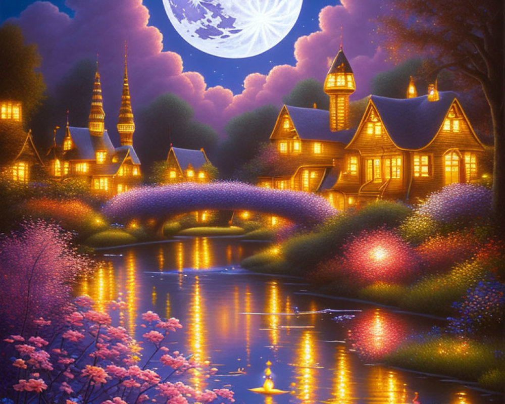 Vibrant night scene: illuminated village, blooming bridge, full moon