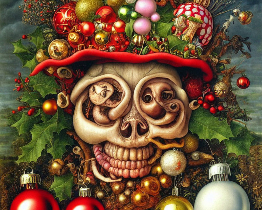Skull with Distorted Facial Features and Festive Holly Hat