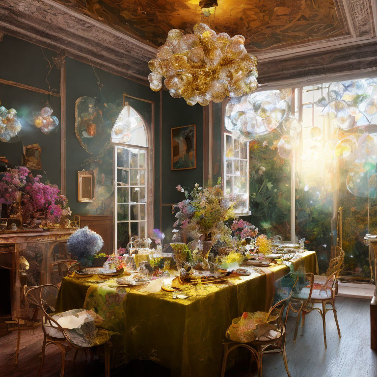 Luxurious Dining Room with Golden Decor, Chandeliers, and Garden View