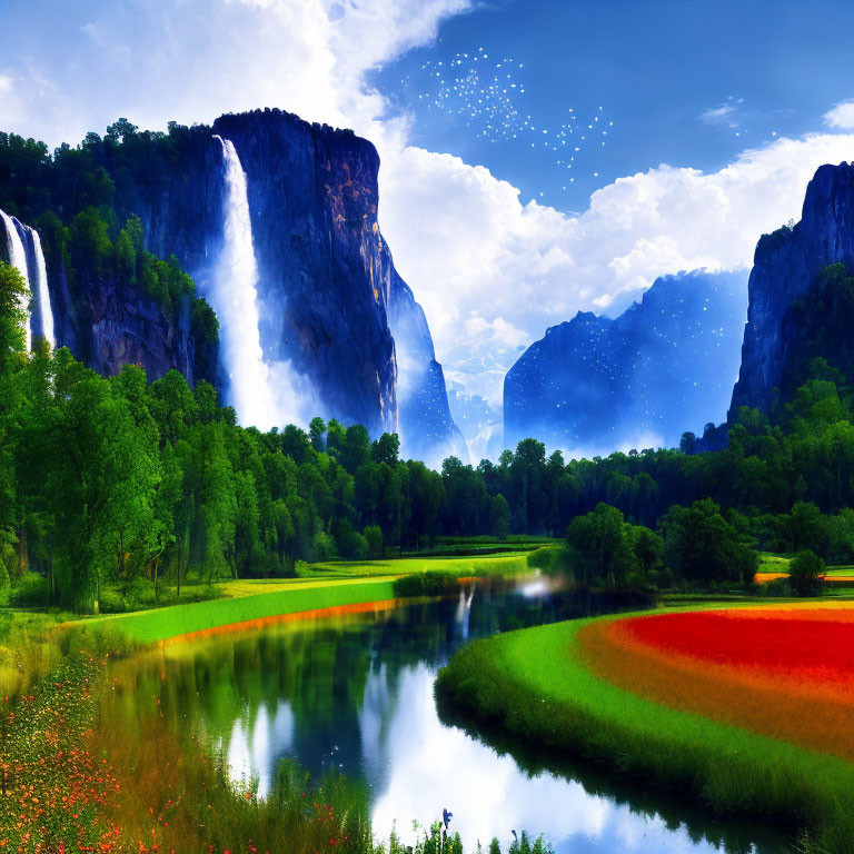 Landscape with Dual Waterfalls, River, Wildflowers, and Starry Sky