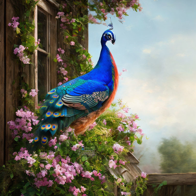 Colorful peacock on window ledge with pink flowers in misty forest scene