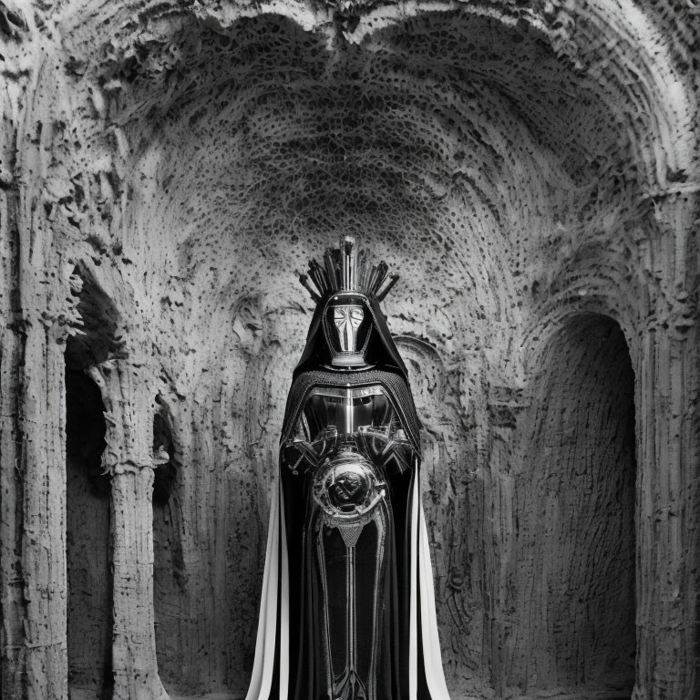 Monochrome image of cloaked figure with reflective mask in stone alcove