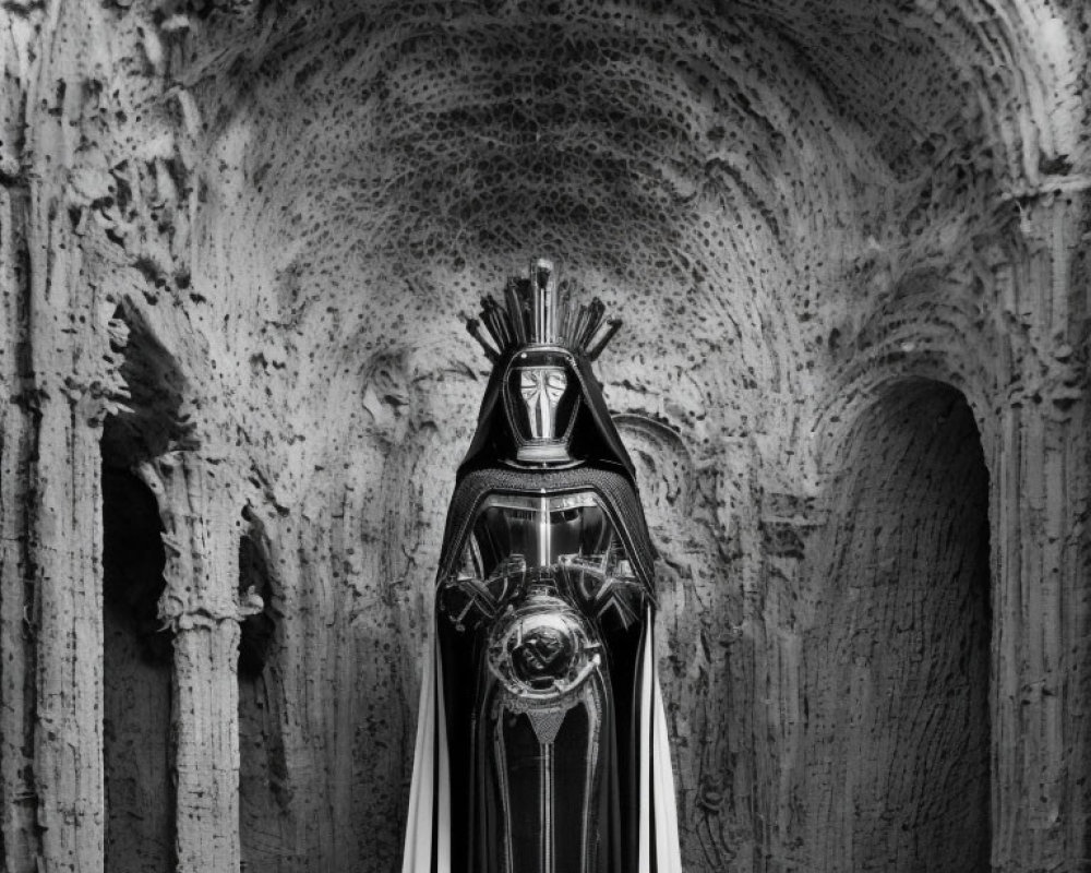 Monochrome image of cloaked figure with reflective mask in stone alcove