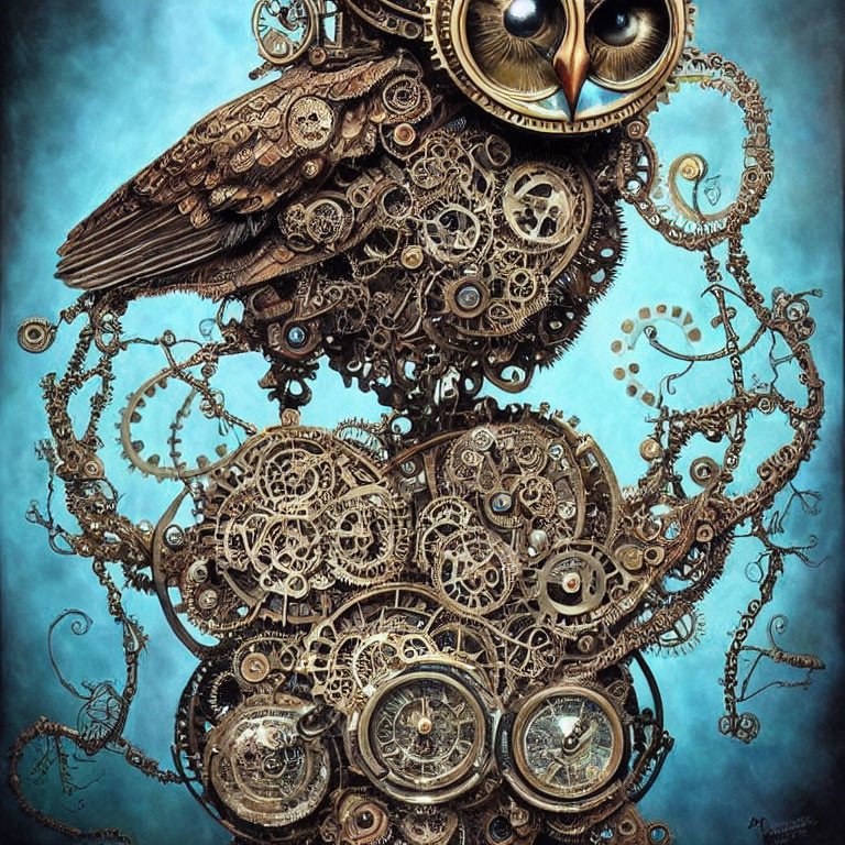 Intricate Steampunk Owl Sculpture with Mechanical Parts