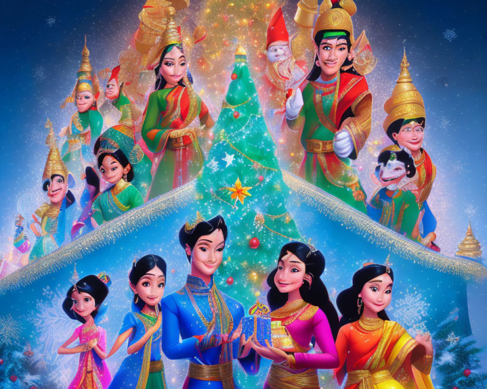 Animated characters in Southeast Asian attire celebrate Christmas under starry sky.
