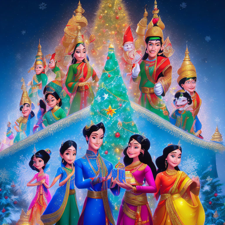 Animated characters in Southeast Asian attire celebrate Christmas under starry sky.