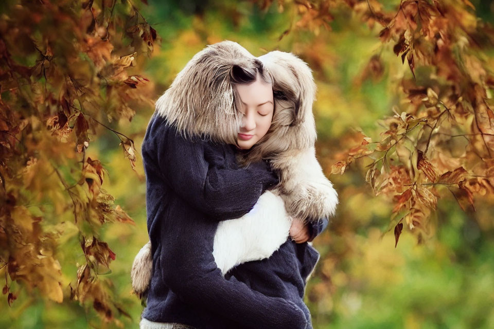 Person hugging fluffy dog in autumn setting