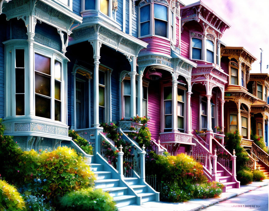 Victorian-style houses with ornate facades and matching staircases under colorful sky