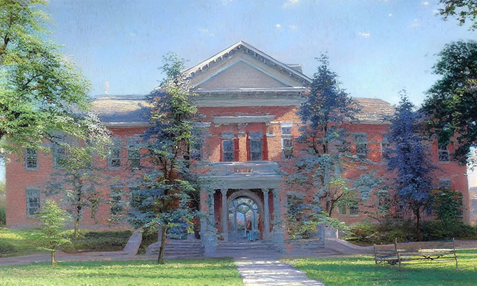 Red-brick building with white columns and trees in clear sky