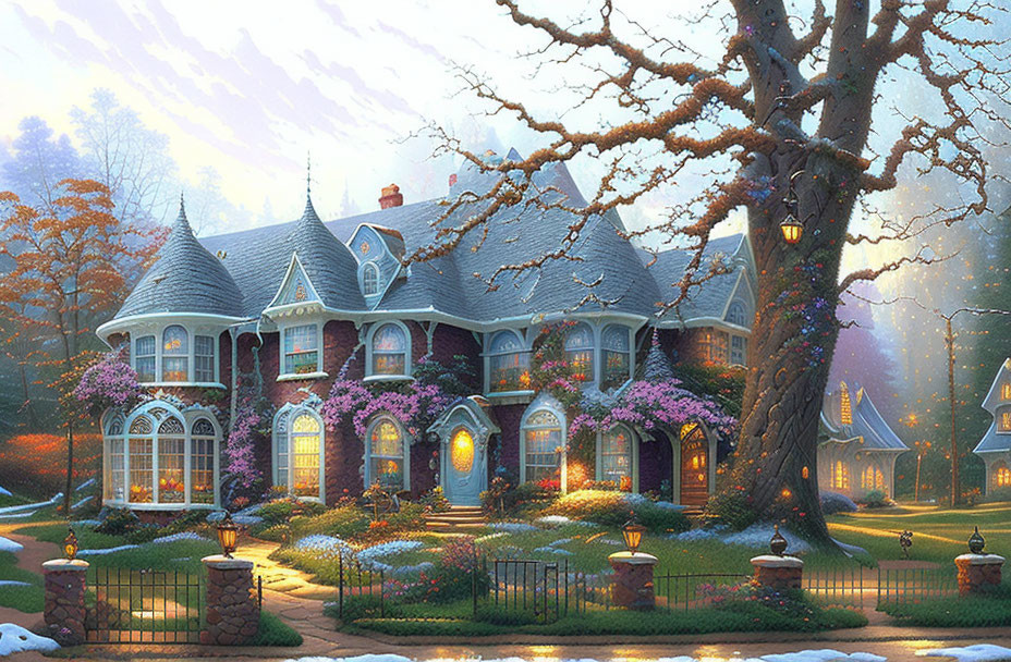 Victorian-style house at twilight with lit windows, blossoming trees, and manicured lawn