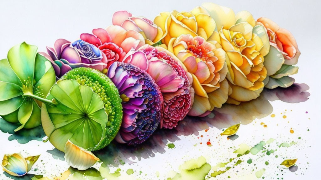 Colorful Watercolor Flowers and Succulents with Paint Splatters