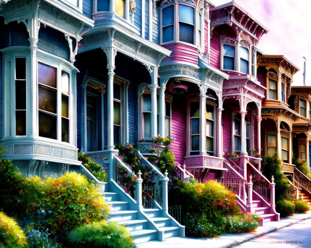 Victorian-style houses with ornate facades and matching staircases under colorful sky
