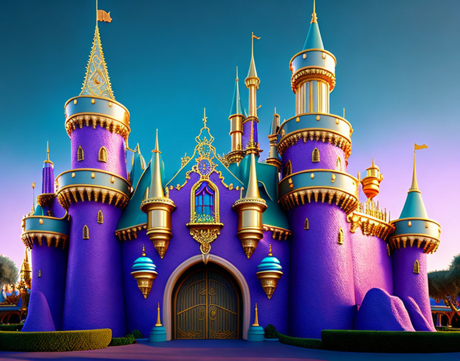 Purple fantasy castle with blue rooftops and golden accents under twilight sky