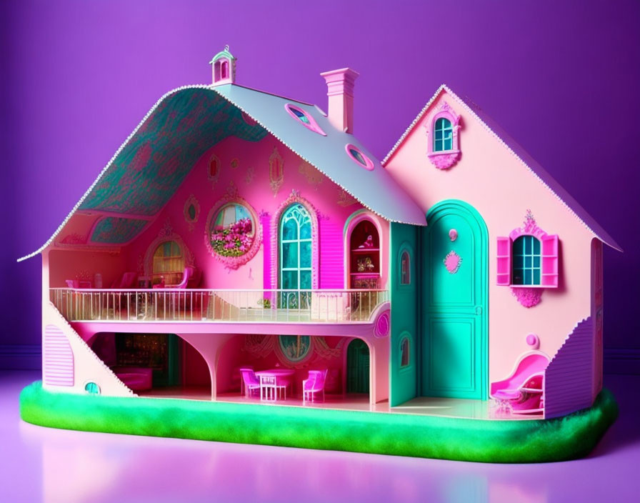 Colorful Dollhouse Structure with Balcony and Patio on Purple Background