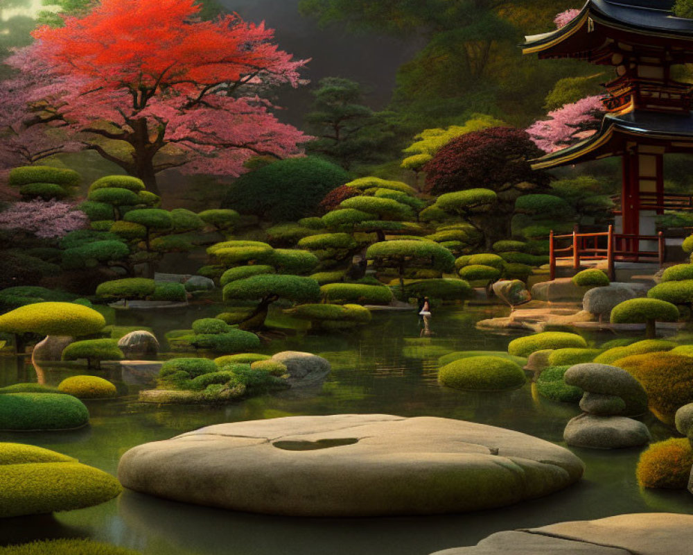 Serene Japanese Garden with Cherry Blossoms and Pagoda