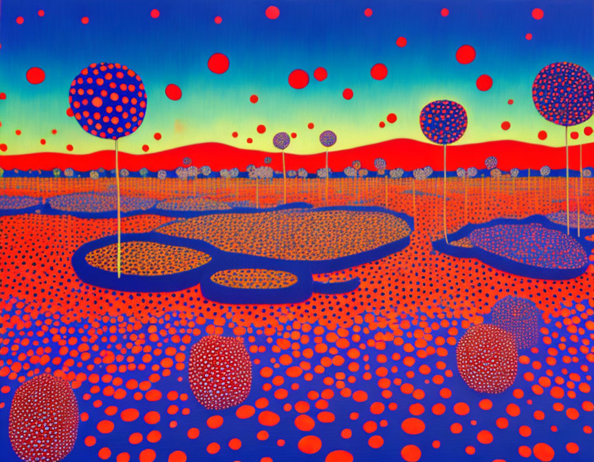 Colorful Abstract Landscape Painting with Dotted Patterns in Red, Blue, and Orange