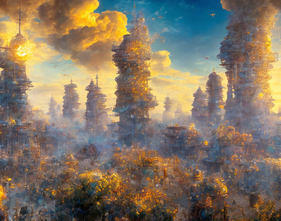 Fantastical cityscape with golden sunlight and intricate spires