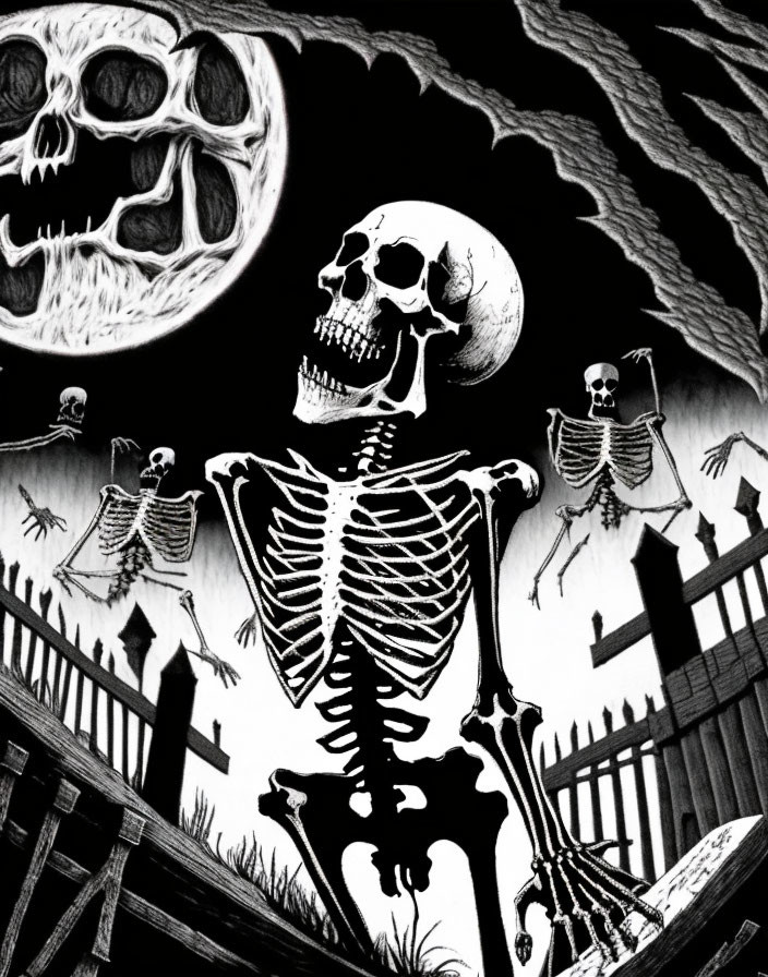 Monochrome illustration of central skeleton with dancing skeletons and menacing moon