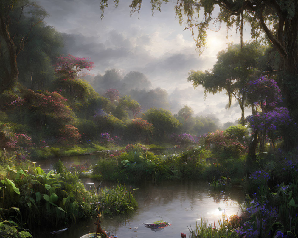 Tranquil Forest Scene with Stream and Purple Flowers