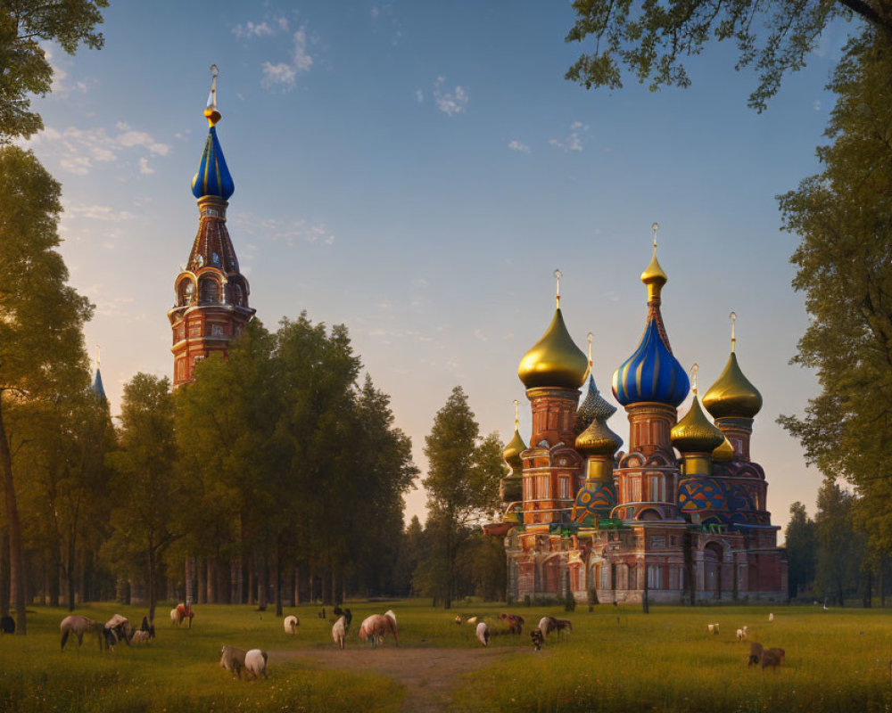 Colorful Orthodox cathedral with onion domes in serene forest landscape