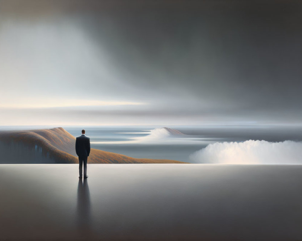 Solitary figure in misty landscape with rolling hills and calm waters