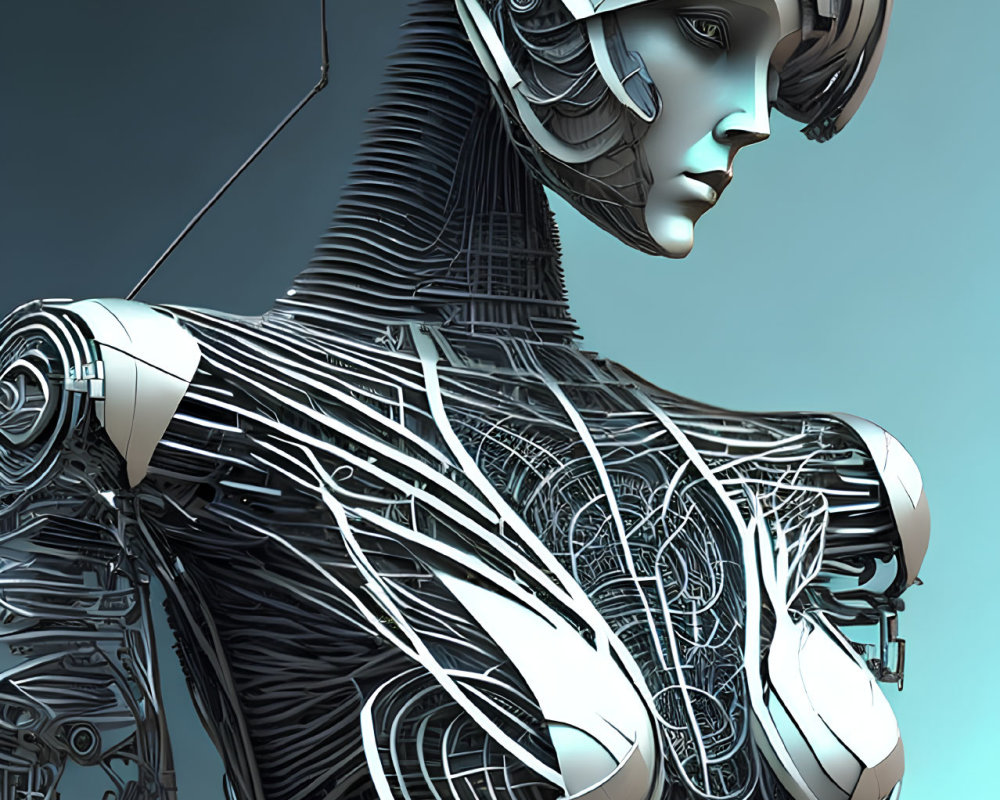 Detailed futuristic humanoid robot with intricate mechanical parts and contemplative expression