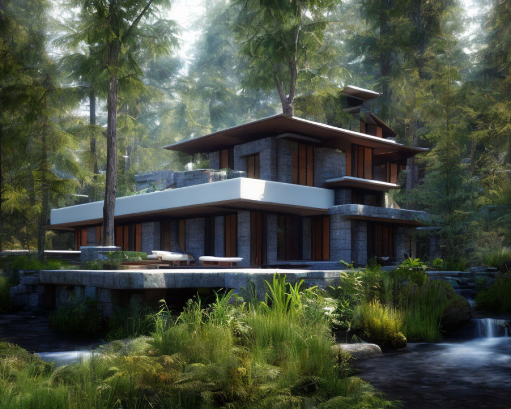 Modern multi-level house with large windows by serene stream & lush trees.