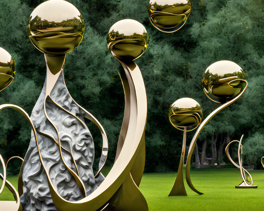 Golden sphere abstract sculptures on silver pedestals amidst green trees