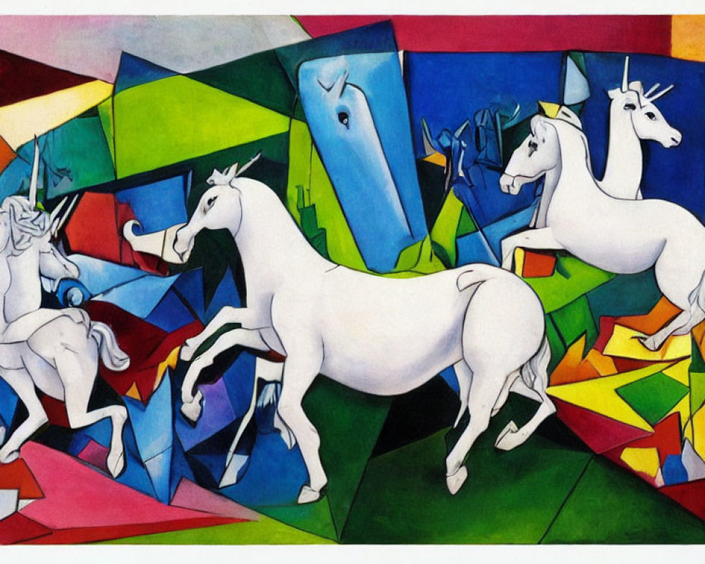 Colorful Cubist Painting of White Unicorns on Geometric Background