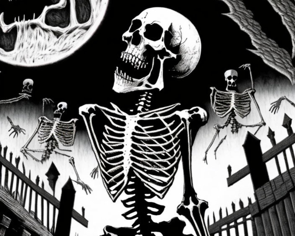 Monochrome illustration of central skeleton with dancing skeletons and menacing moon