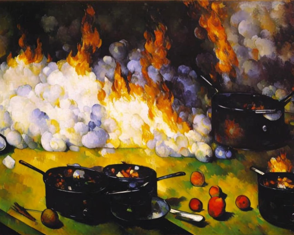 Colorful chaotic kitchen scene with blazing pots and pans, flames, smoke, and food.