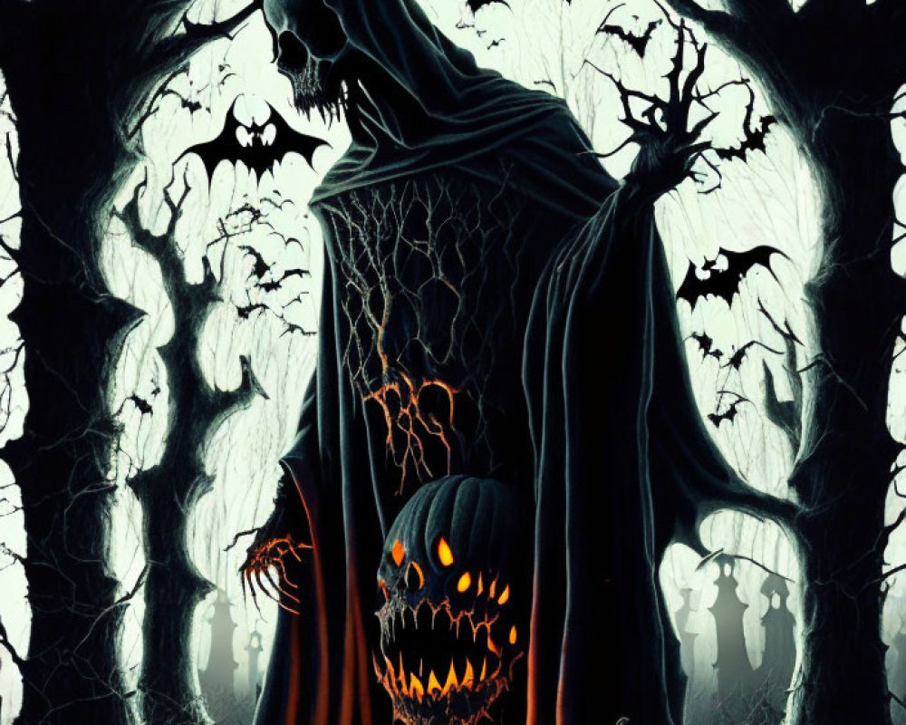 Spooky Halloween scene with cloaked figure, jack-o'-lanterns, bats, and haunted
