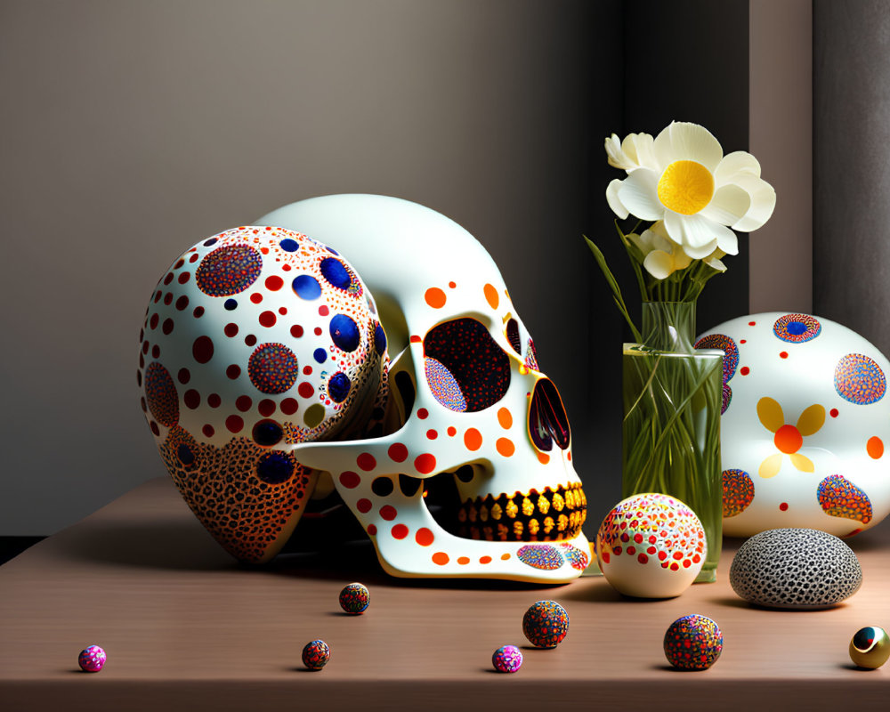 Colorful Patterned Skulls Displayed with Flowers and Soft Lighting