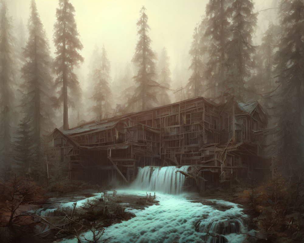 Spooky multi-level wooden house near misty forest waterfall