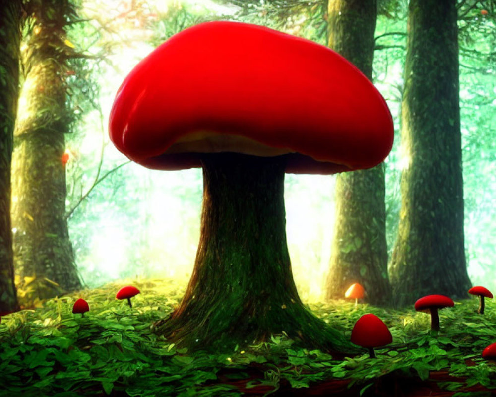 Fantasy-inspired red mushroom in sunlit forest with lush greenery