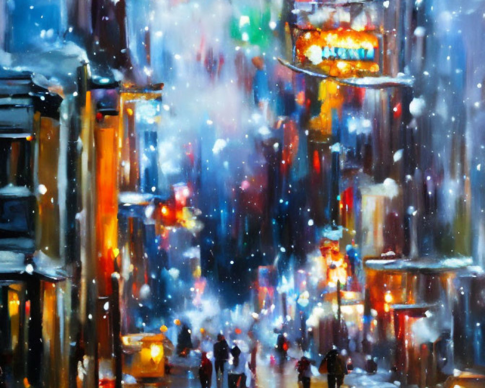 Impressionistic painting of city street at night in snow