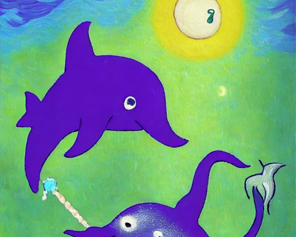 Stylized painting of two purple dolphins with yellow sun and yin-yang symbol