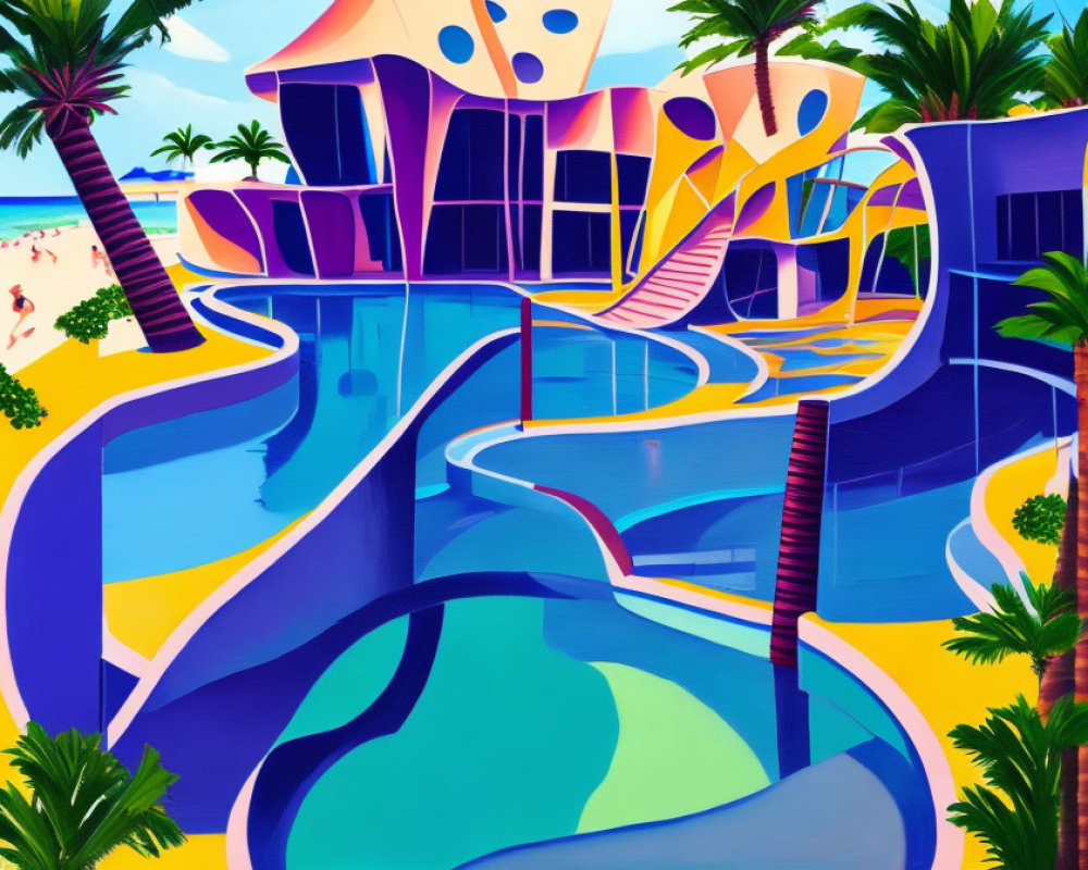 Vibrant painting of resort with pools, slides, palm trees, and beach