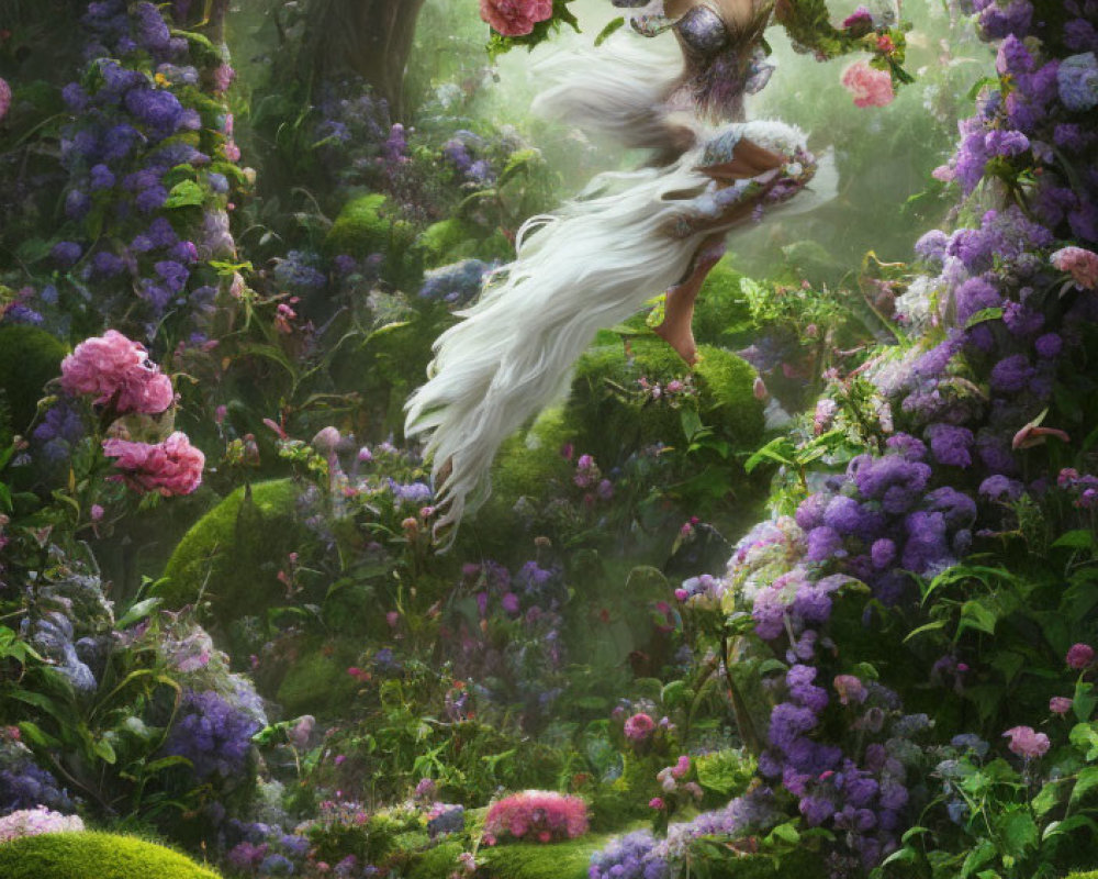 Enchanted Forest with Elf-like Figure and Blooming Flowers