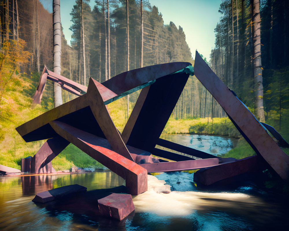 Angular metal bridge over tranquil river in forested area