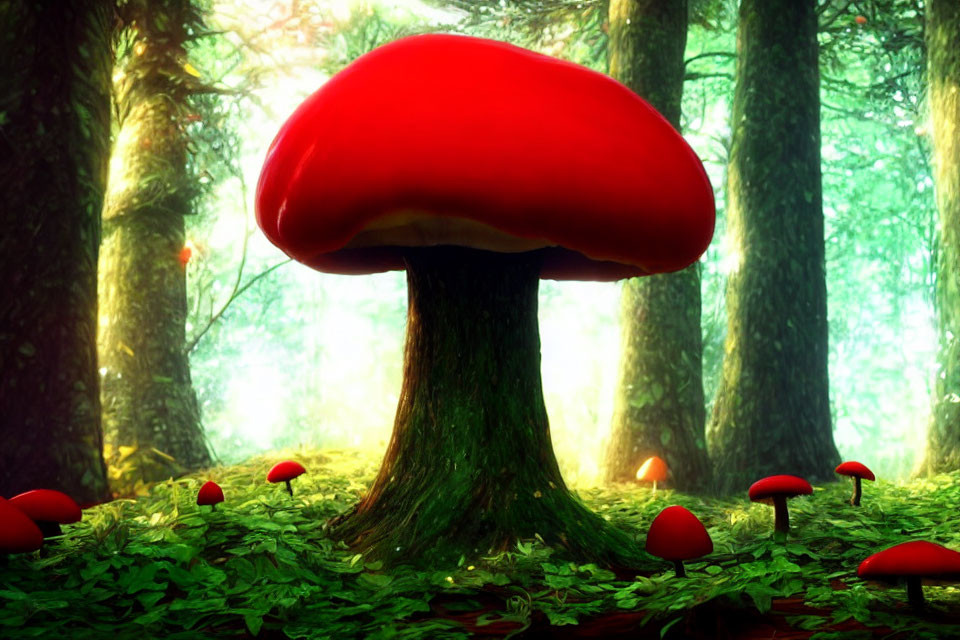 Fantasy-inspired red mushroom in sunlit forest with lush greenery